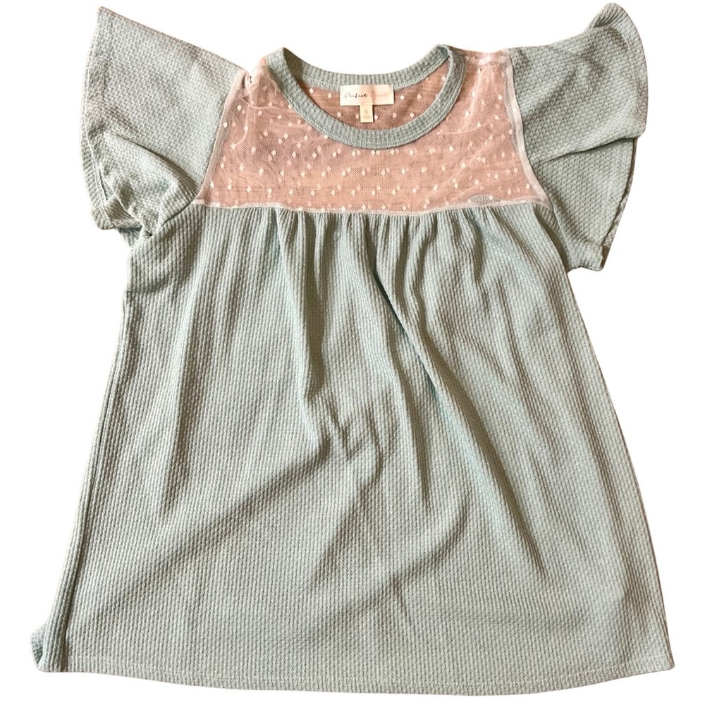 Perfect Peach Mint Waffle Knit Flutter Sleeve Top Size Small